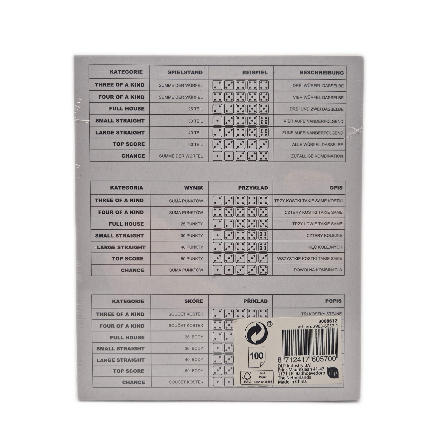Scoreblock Spielblock für Würfelspiel 100 Blatt