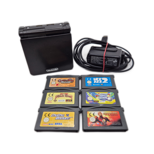 Gameboy Advance SP AGS-001 schwarz mit 6 Spielen + Ladekabel