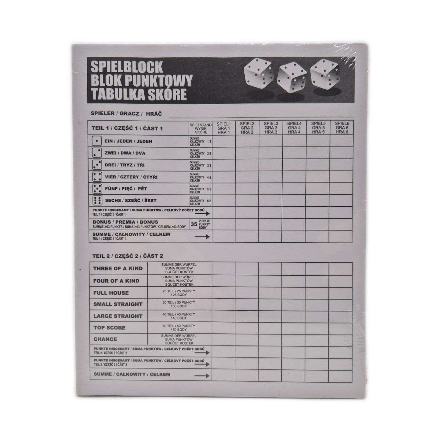 Scoreblock Spielblock für Würfelspiel 100 Blatt