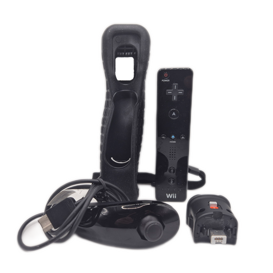Wii Remote Controller schwarz + Schutzhülle + Nunchuck + Motion Plus Aufsatz